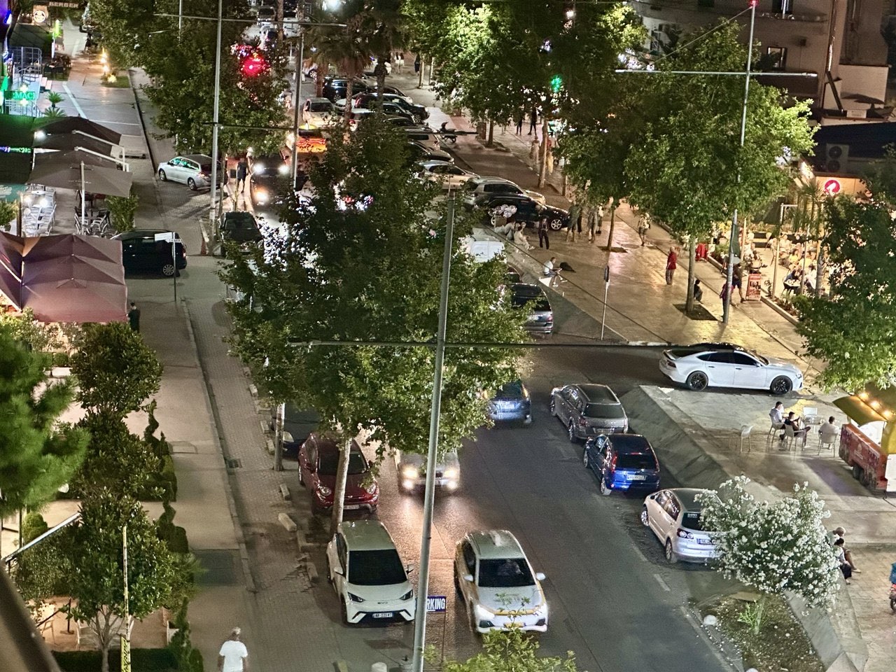 The boulevard in Durrës at night, seen from a flat above it